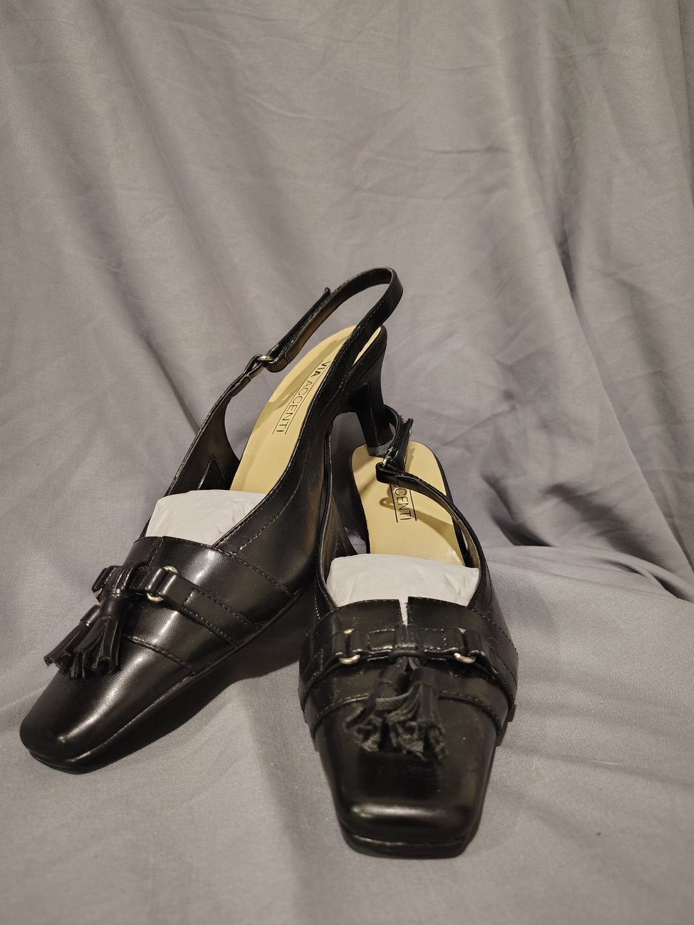Via Accenti Black Leather Tassel Slingback Heels